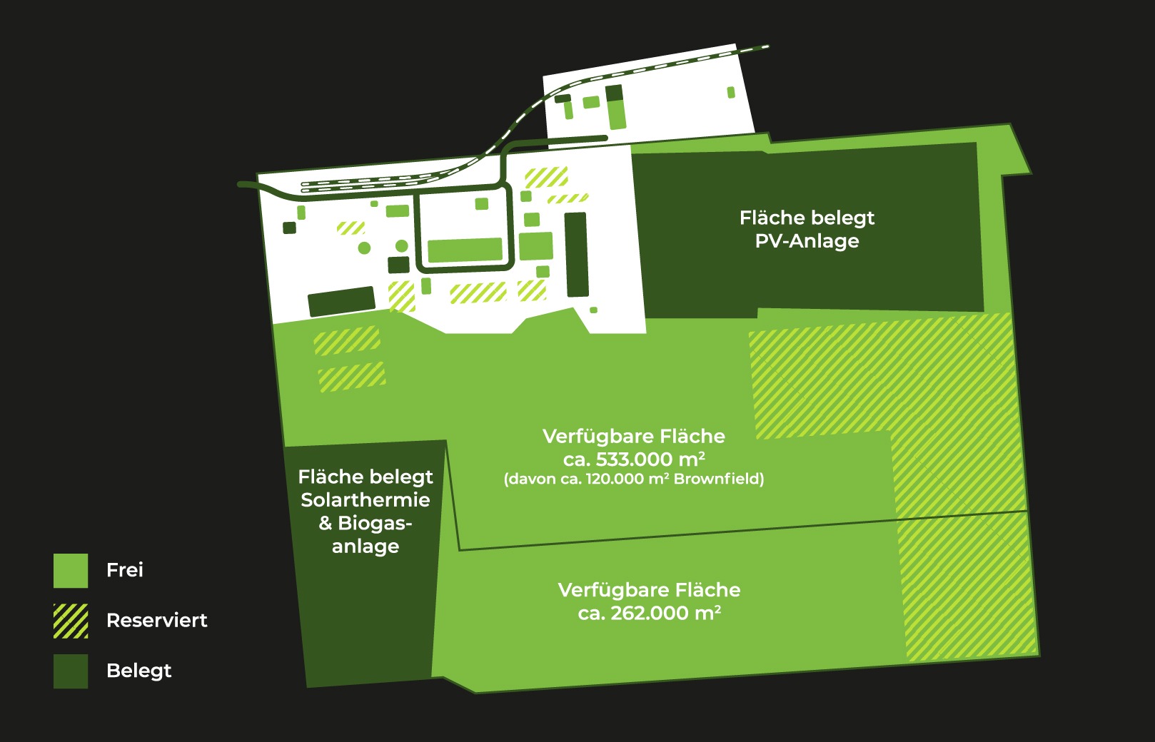 Flächenplan des GreenTec Park Steyerberg mit Übersicht zu Industrie- und Gewerbeflächen sowie Entwicklungsarealen.